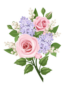 粉红玫瑰 铃兰和淡紫色的花的香味。矢量图