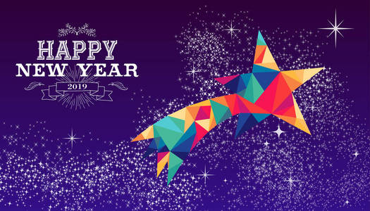 快乐的新的一年2019万节日贺卡或海报设计与五颜六色的三角射击明星和标签插图。eps10 向量
