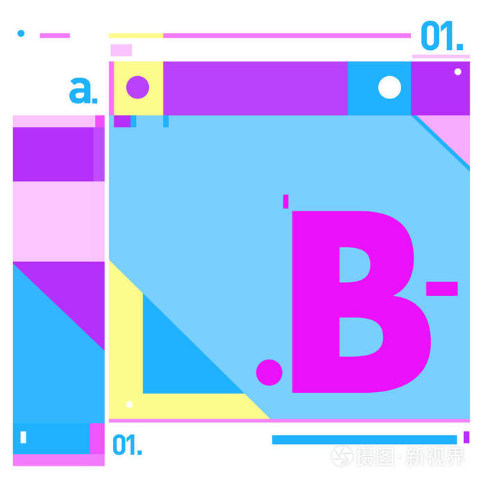 矢量字母 B 孟菲斯风格几何颜色轮廓字体。图形装饰类型。海报设计模板