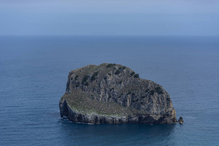 西班牙巴斯克国家, 大西洋上的一个岩石岛, 上面有树叶, 地平线在底部。孤独感