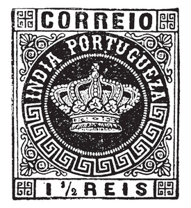 李嘉欣这个插图代表了1882年葡萄牙印度1的李嘉欣邮票, 复古线画或
