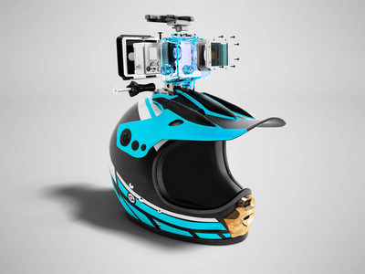 蓝色动作摄像头的现代蓝色摩托车头盔右3d 渲染灰色背景与阴影