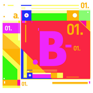 矢量字母 B 孟菲斯风格几何颜色轮廓字体。图形装饰类型。海报设计模板