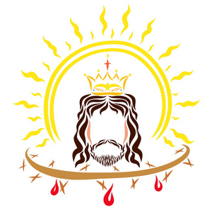 主耶稣基督, 光辉的太阳和荆棘的王冠与鲜血照片