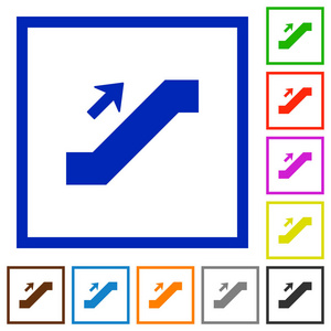 自动扶梯在白色背景的方形框架中放大平面颜色图标
