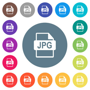 Jpg 文件格式在圆形颜色背景上的平面白色图标。17背景颜色变化包括