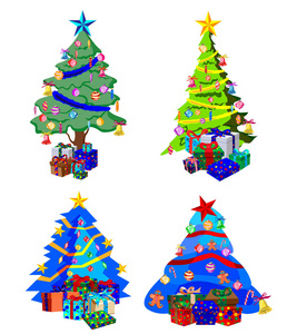 明星装饰, 球和轻链装饰圣诞树与许多礼品盒。在白色背景下隔离。圣诞树集