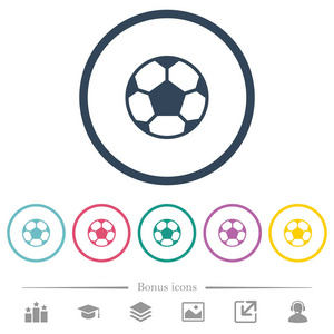 足球扁平的颜色图标在圆的轮廓。包含6个奖金图标