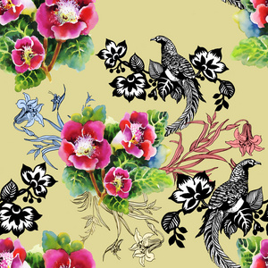 雉鸡与花炫彩花纹图片
