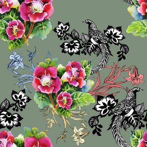 雉鸡与花炫彩花纹