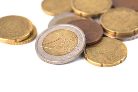 欧元和美分的硬币, 欧洲市场的货币在白色背景下