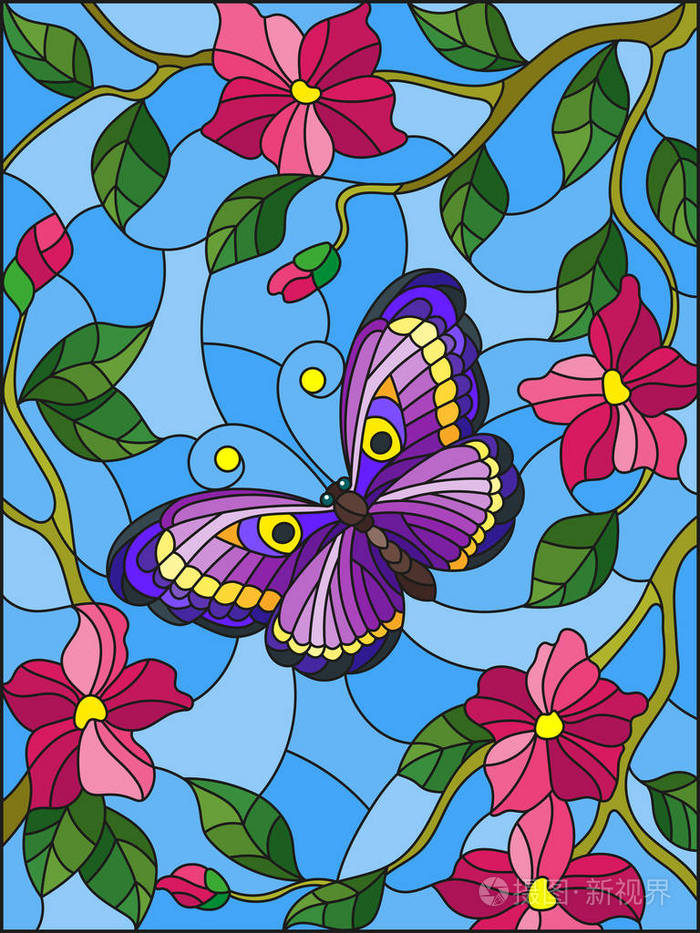 在花和天空背景的彩色玻璃样式与明亮的蝴蝶例证插画-正版商用图片09
