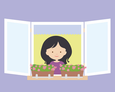 年轻女子站在敞开的窗口, 微笑着花盆和花朵, 在墙上的紫色门面矢量