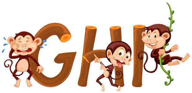 猴子和英语字母表插图照片