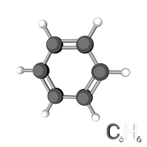 苯模型分子。在白色背景下被隔离。3d 渲染插图。卡通风格