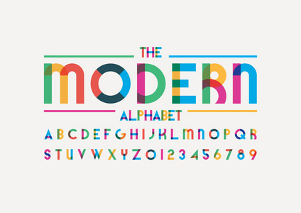 现代字体和字母表模板。色彩化现代字体的彩色矢量图解
