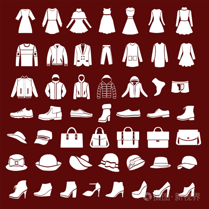 设置图标的妇女时尚礼服男女服装