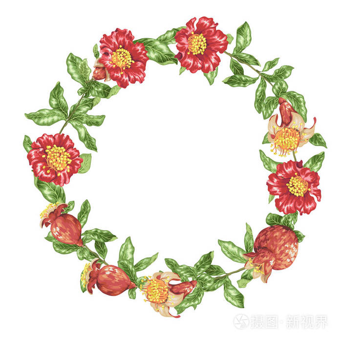在图形设计插图中用石榴果和花作矢量插图的花环插画-正版商用图片09i