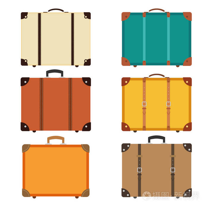 封闭复古复古行李箱。一套平面旅行袋图标。向量例证