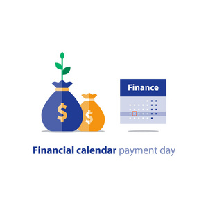 钱袋子和日历，财务规划，每月付款 年度收入 会计，矢量图标