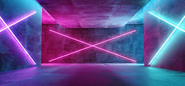现代未来主义科幻概念俱乐部背景格朗格混凝土空暗室与霓虹灯发光紫色和蓝色粉红色霓虹灯3d 渲染插图