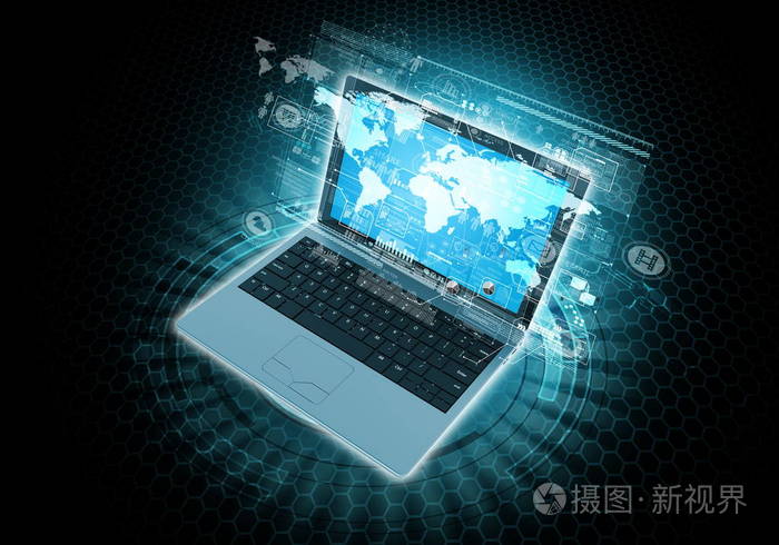 用笔记本电脑处理数据传输的互联网和信息技术概念