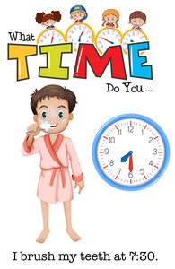 插图男孩刷牙在七点半例证五点钟一个年轻女子瑜伽在四点半插图时间