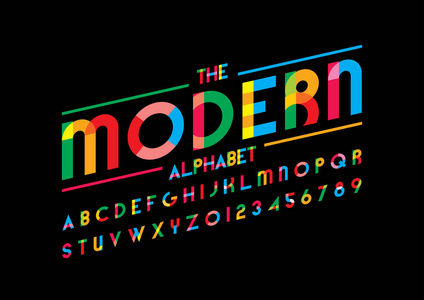 现代字体和字母表模板。色彩化现代字体的彩色矢量图解