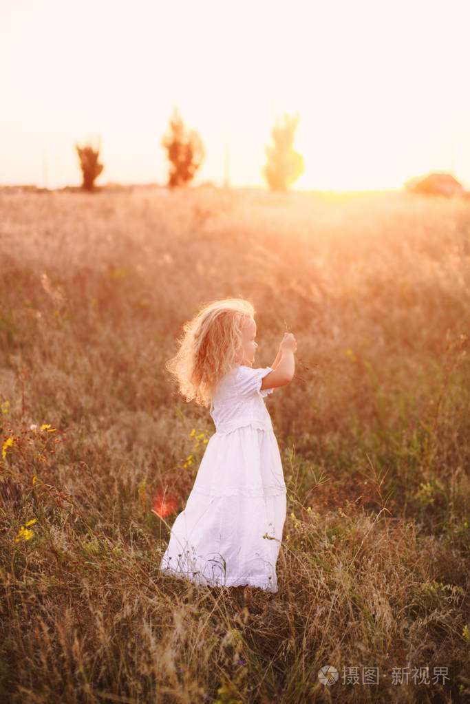 穿着白色的礼服, 站在阳光灿烂的夕阳田野之间的野生草和花朵, 微笑