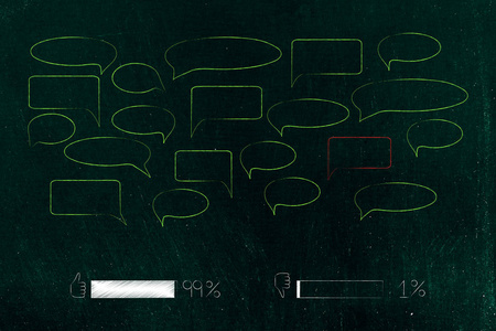 互联网通信和反馈概念例证 1 消极评论以红色讲话泡沫和99正面那些与绿色部分
