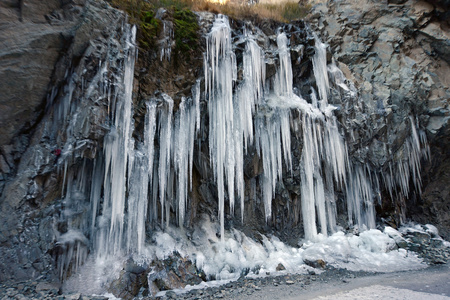 冬天的详细信息在冬天在列城,印度的冰柱照片