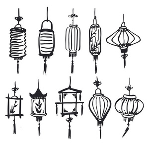 中国灯笼符号, 涂鸦集。矢量插图