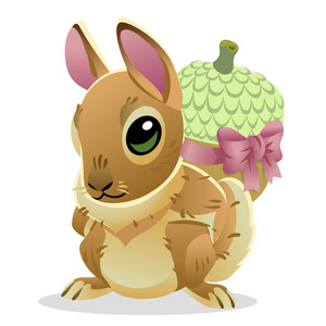 可爱的兔子与橡子孤立的白色背景。动画片褐色野兔的向量例证。佳节精选