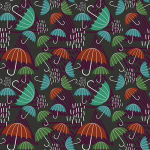 秋天样式主题与雨和伞手绘孩子气样式画多色向量例证