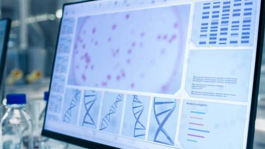 科学家计算机特写镜头在一个现代实验室的 Dna 分析