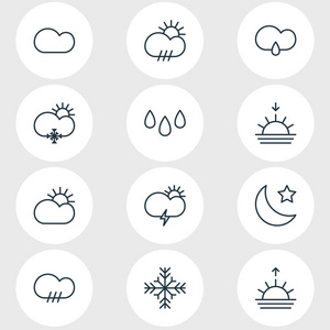 矢量图12天气图标线样式。可编辑的大风日出下落和其他图标元素集