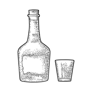 瓶子和玻璃朗姆酒与工艺标签。复古黑色雕刻