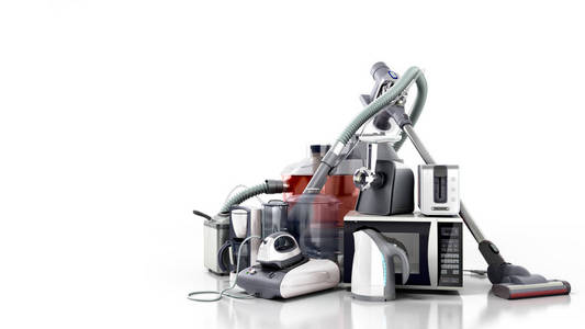 家电集团真空吸尘器微波铁咖啡壶蒸汽水壶烤面包机在白色背景下隔离3d