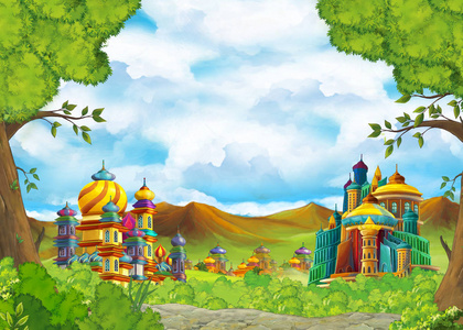 城堡王国动画片场面与美丽的中世纪城堡-远东王国-例证为孩子照片