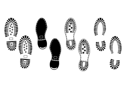 脚印。白色背景的男性鞋鞋底黑色剪影。平面矢量