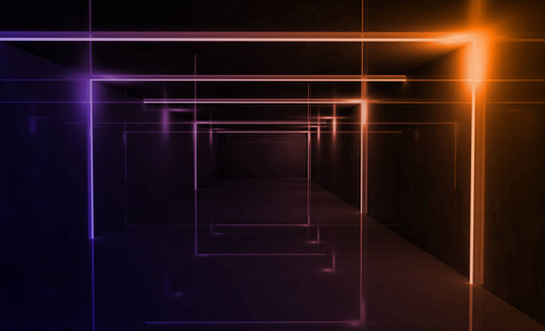 背景的空黑色走廊与霓虹灯。具有线条和发光的抽象背景