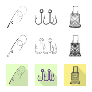 鱼和捕鱼图标的矢量设计。一套鱼和设备股票矢量图