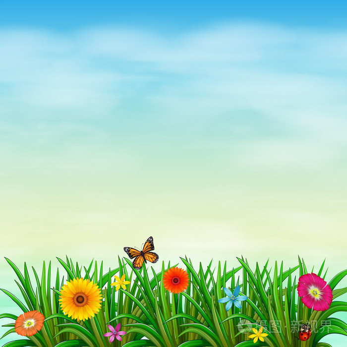 一只蝴蝶一只瓢虫的花园