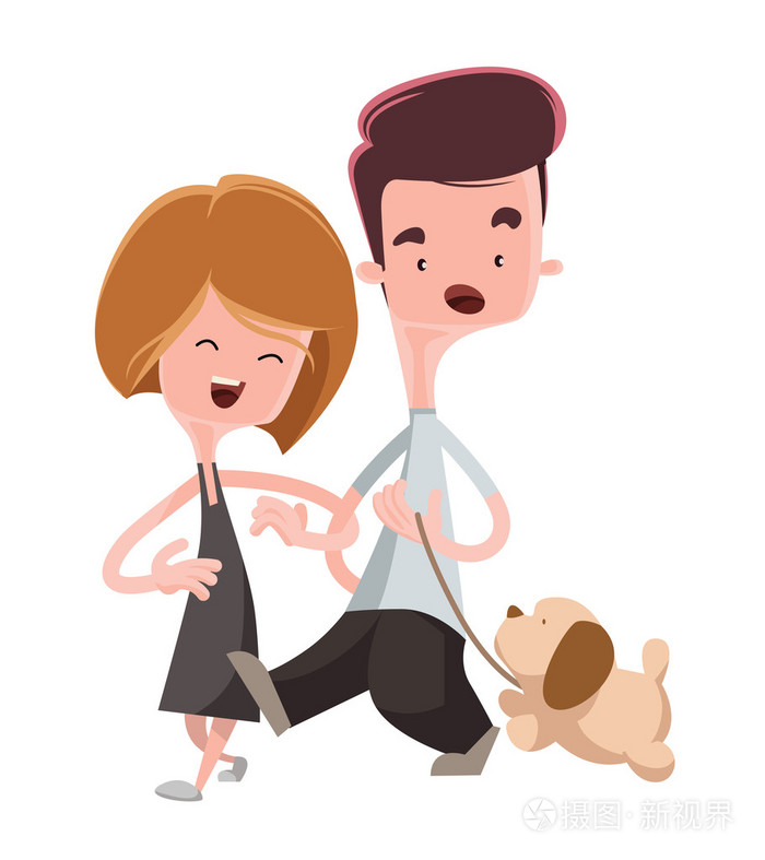 夫妻散步他们的宠物狗矢量图卡通人物