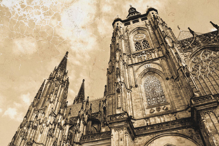 布拉格圣圣维特大教堂。哥特式罗马天主教大教堂在布拉格城堡在捷克共和国。复古, 陈旧, 复古风格的照片