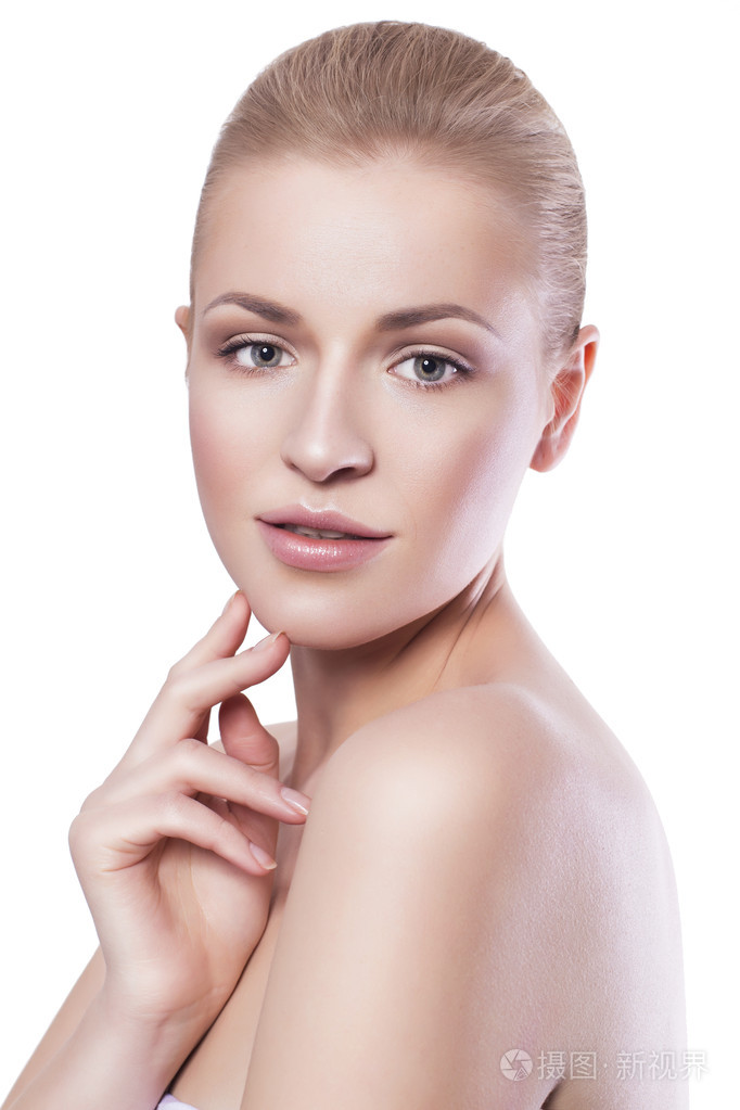 美扎马尾辫的金发女人新鲜的清洁皮肤中性马