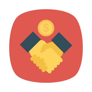 合作伙伴握手与美元硬币平面图标隔离在白色背景, 向量, 例证, 交易概念