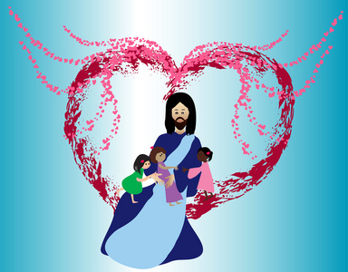 诞生在红稻草上张开双手围绕着耶稣神圣的心基督教妇女手向上帝祈祷