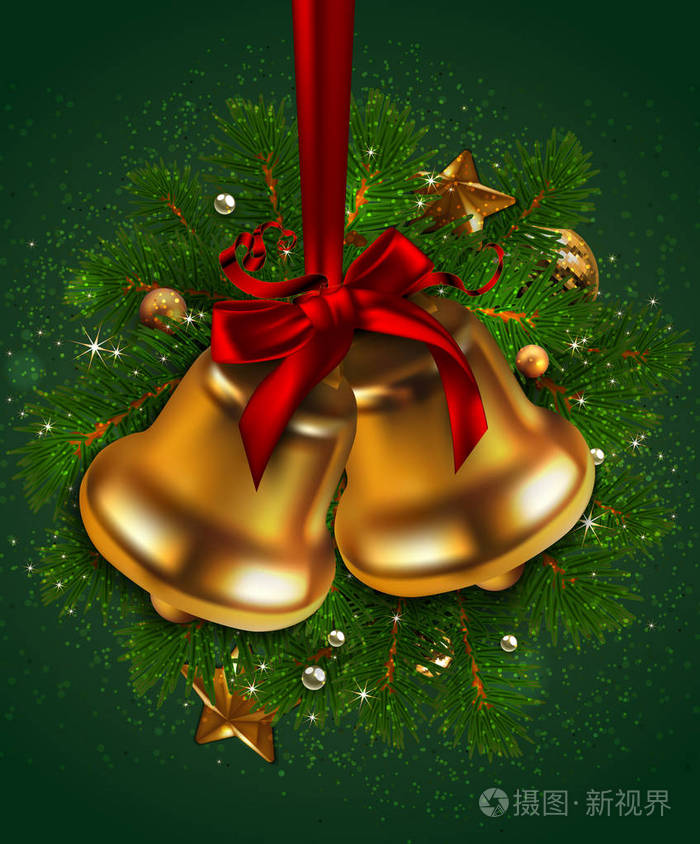圣诞节和新年背景绿色装饰背景上的两个铃铛逼真的插图