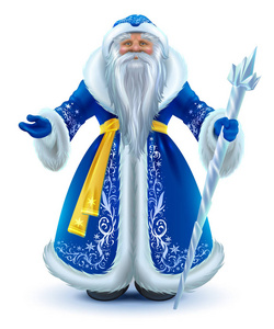俄罗斯圣诞老人祖父霜冻在蓝色毛皮大衣。孤立的白色矢量卡通插图